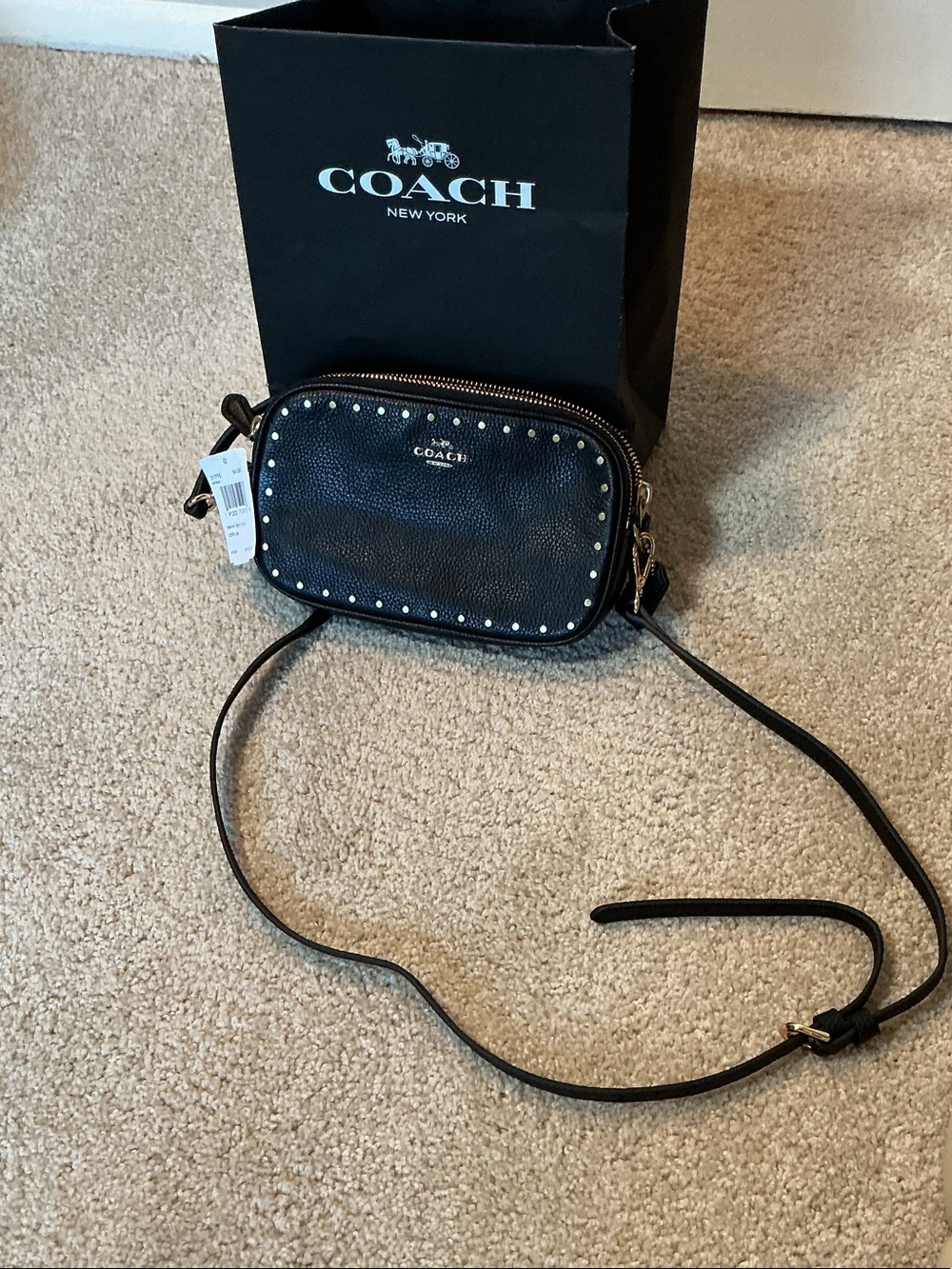 COACH Black Pebble Leather Studded Mini Crossbody